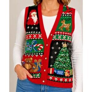 Kim Rogers Ugly Christmas Sweater Vest Red Button Front Women Petite S